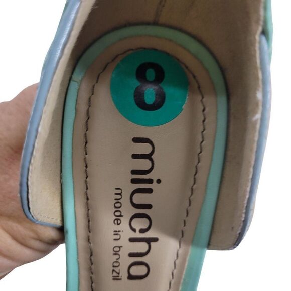 Miucha‎ Leather Heels 8 Mint Tan Retro D'Orsay Peep Toe Bow Block Heel Brazil - Picture 11 of 11